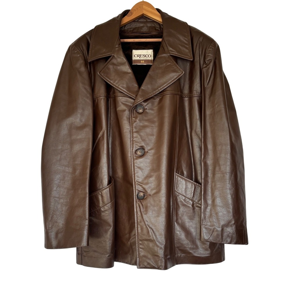 Cresco Leather Jacket Coat Sz 44 Faux‎ Fur Lining Cognac Brown Rare 70s Vintage